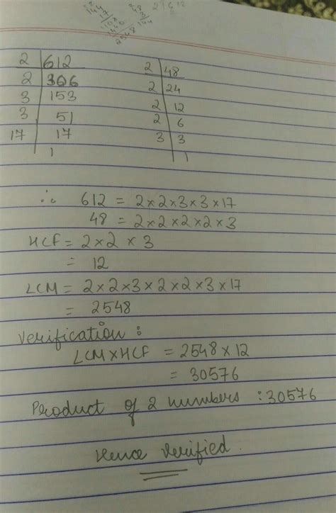 Find LCM and HCF of 612 and48. Also verify LCM×HCF=product of number ...