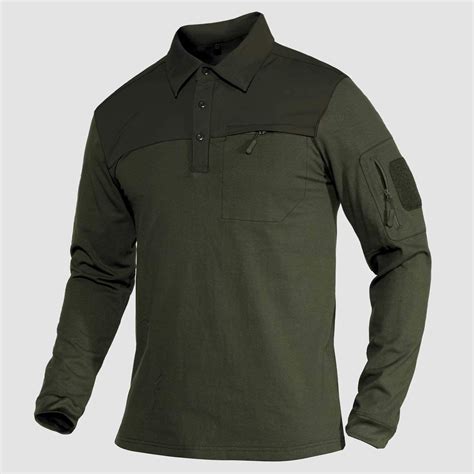 Men's Polo Shirts Long Sleeve with 2 Zipper Pockets Loop Patches Cotto ...