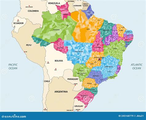 Brazil States and Municipalities Vector High Detailed Colored Map with Neighbouring Countries ...