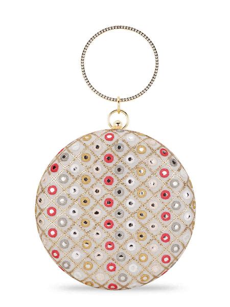 Anekaant Gala Cream & Multi Mirror Work Embellished Faux Silk Clutch