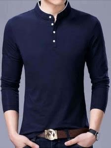 jambul Solid Men Mandarin Collar Dark Blue T-Shirt - Buy jambul Solid ...