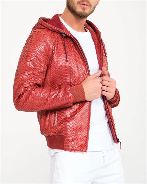 Men Red Python Leather Hoodie Jacket - Leather Guys