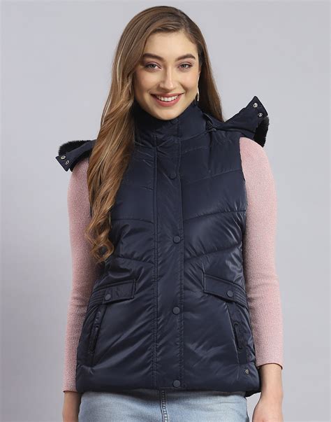 Buy Women Navy Blue Solid Hooded Sleeveless Jacket Online in India ...