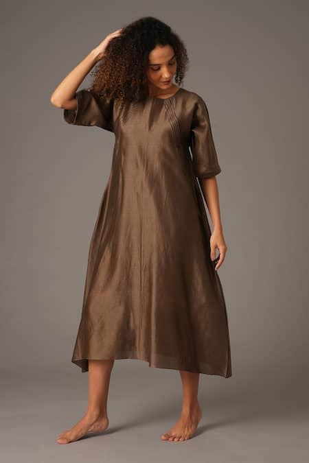 Buy Green Chanderi Silk Pipe Boat Neck Dress For Women by KHAT Online ...