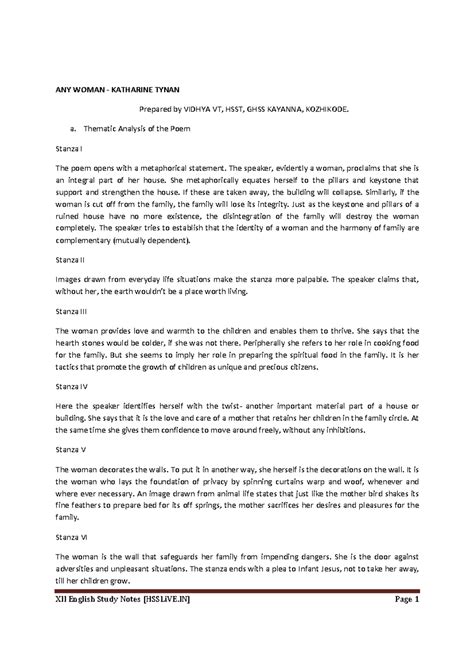 XII Unit1 lesson 2 ANY Woman BY Vidhya VT HSSLi VE - XII English Study ...