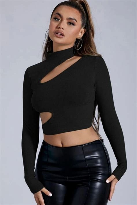 Black Asymmetric Chest and Side Cut-Out Long Sleeve Crop Top | Club Soda