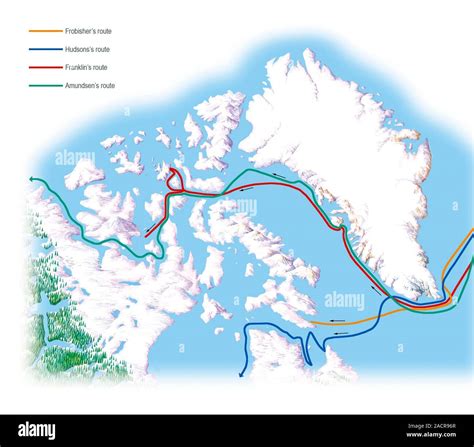 Northwest Passage, historical routes. Map of routes taken by explorers ...