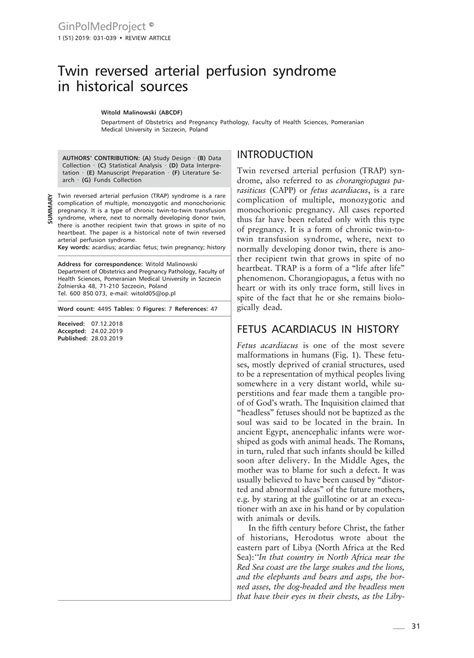 SOLUTION: Twin reversed arterial perfusion syndrome in historical ...