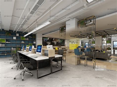现代开敞开放办公区，员工工位会议室，办公室，接待大厅3d模型下载-【集简空间】「每日更新」