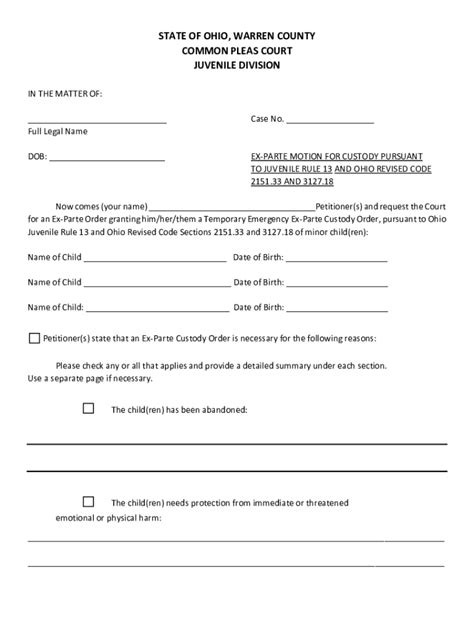2021-2026 Form OH Ex-Parte Motion for Custody Pursuant to Juvenile Rule ...