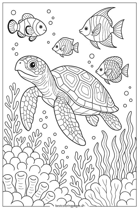 Meeresschildkröte mit bunten Fischfreunden Ausmalbilder - Kostenlos Druckbar | BestColoringPages AI