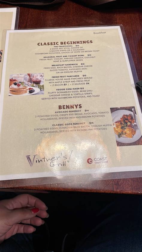 Menu at Vintner's Grill restaurant, Kelowna