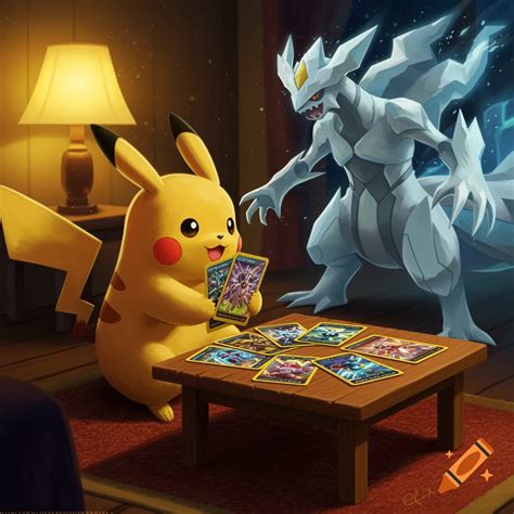 Pikachu playing Pokemon cards against White Kyurem on Craiyon