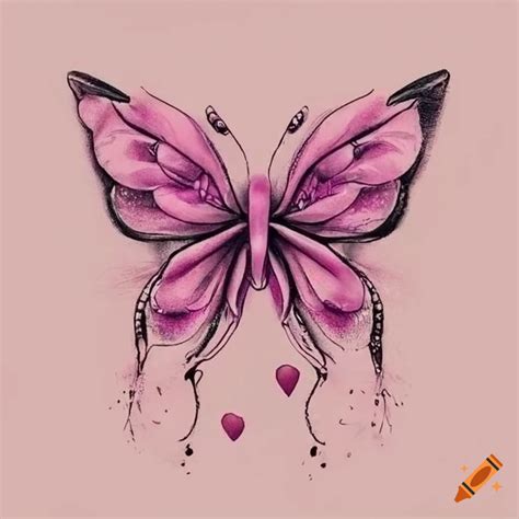 Sketch butterfly tattoo with heart and pink colors