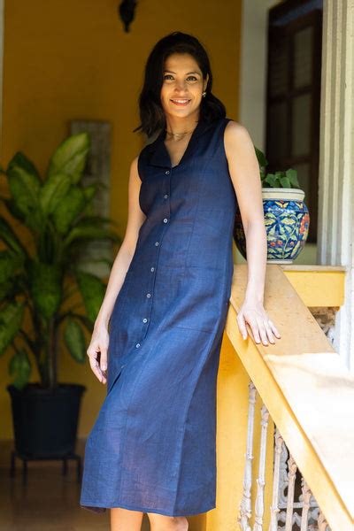 Womens Dresses | The Linen Notch Collar Dress Navy Blue