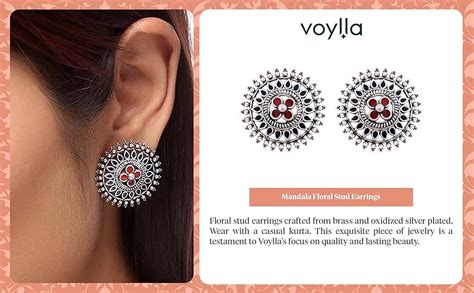 Voylla Ethnic Silver Oxidised Plating Brass Mandala Design Floral Stud ...