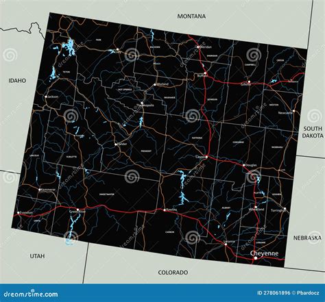 Detailed Wyoming Road Map with Labeling. Stock Vector - Illustration of ...