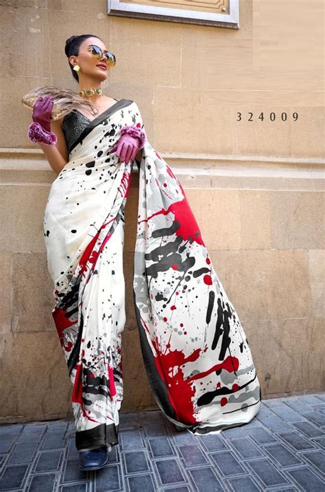 White Digital Print Satin Crepe Saree | Shop Satin Saree Online