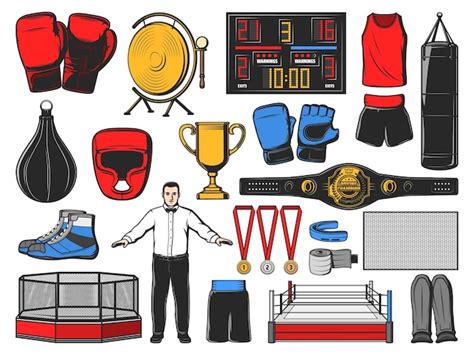 Boxing icons of kickboxing or mma fight equipment | Premium Vector