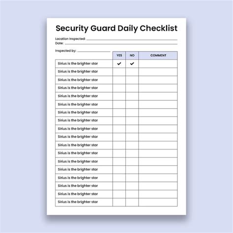Minimalist security guard daily checklist | Free Vector