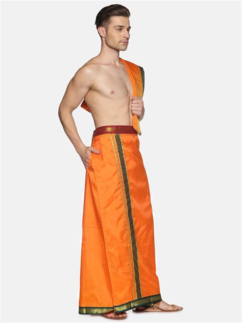 Men Orange Art Silk Readymade Dhoti With Angavastram Set – SETHUKRISHNA