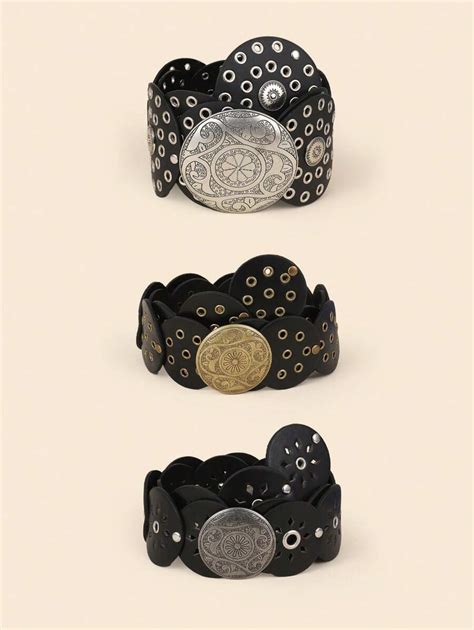 1pc Black PU Disc Patchwork Bohemian Hollow Metal Grommet Round Waist ...