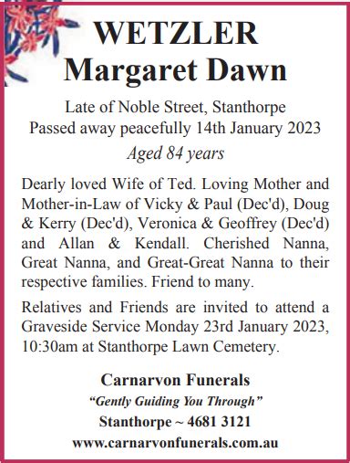 Wetzler, Margaret Dawn - Carnarvon Funeral Services