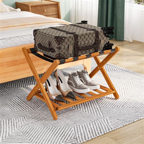 Amazon.com: Smuxee Fully Assembled Honey Luggage Rack, Upgraded Bamboo ...