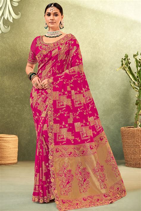 Buy Weaving Work On Captivating Dola Silk Fabric Saree In Pink Color ...
