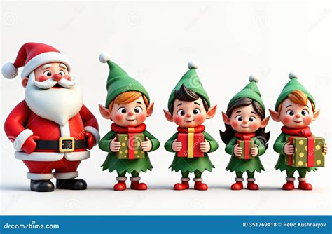 Merry Christmas Scene Shows Santa Claus with Elves. Adorable Cartoon ...