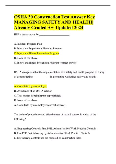 OSHA 30 Construction Test Answer Key MANAGING SAFETY AND HEALTH|Already ...
