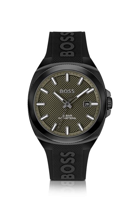 BOSS - Silicone-logo-strap watch with olive guilloché dial