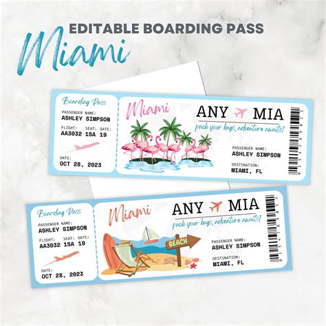 Editable and Printable Boarding Pass Miami Surprise Trip Florida ...