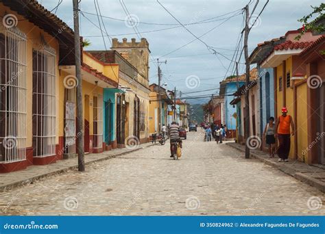 Typical Cobblestone Street with Colonial Buildings in Trinidad, Sancti ...