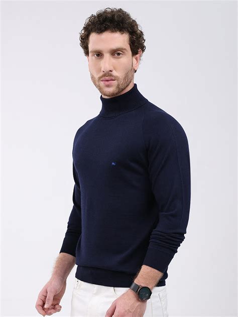 Buy Men Navy Blue Solid Turtle Neck Full Sleeve Pullover Online in ...