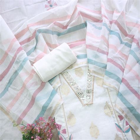 Lahori Pearl White V Lace Neck Work Neck Pakistani Inspired Chanderi S ...