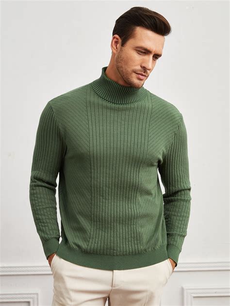 Men Turtleneck Ribbed Knit Jumper | Men sweater, Turtle neck men ...