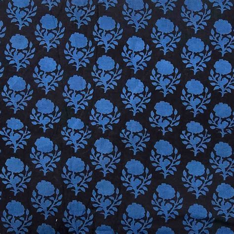 Pure Cotton Dabu Blue With Black Flower Motif Hand Block Print Fabric ...