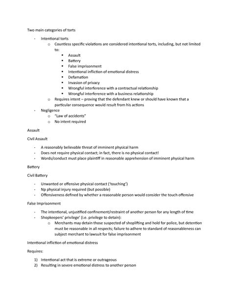BLAW Lecture Notes on Tort Laws - Two main categories of torts Intentional torts o Countless ...