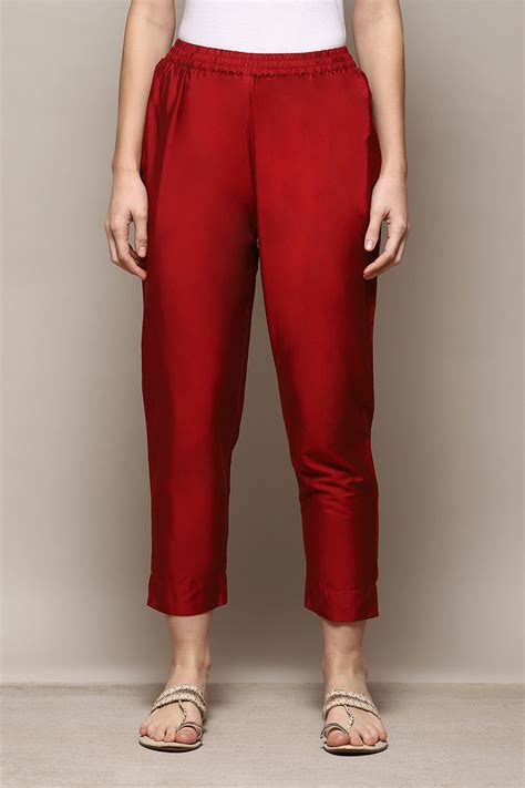 Dark Red Poly Viscose Slim Yarndyed Pants at Biba India