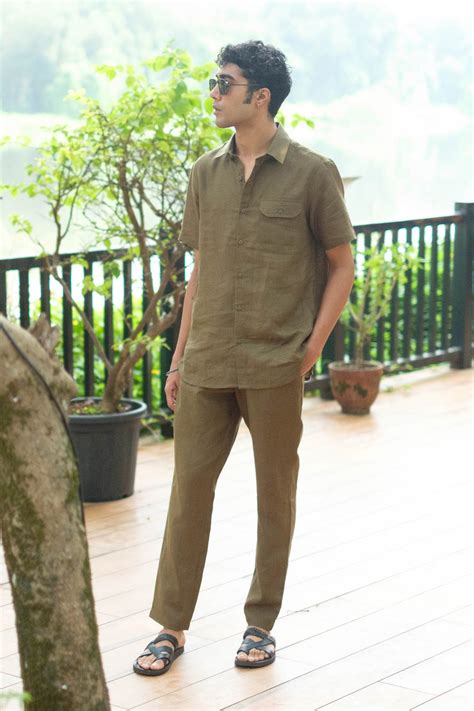 Buy Linen Shirt Short Sleeve Shirt Olive Green Online
