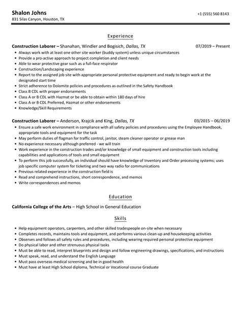 Construction Laborer Resume Samples | Velvet Jobs