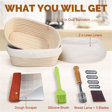 Rorecay Banneton Bread Proofing Baskets Set of 2, 10 Inch Oval Cane ...