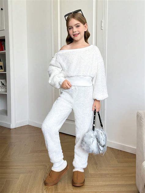 Tween Girls Solid White Furry Suit Fleece Teddy Asymmetrical Neck ...