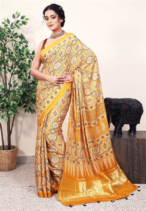 Mustard Ajrakh print in Modal Silk Saree With Blouse Piece |Adi Akshoy