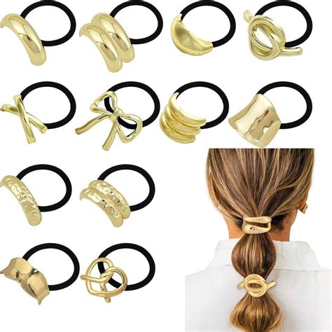6 PCS Gold Metal Hair Tie for Women, Metal Elastic Geometric Ponytail ...