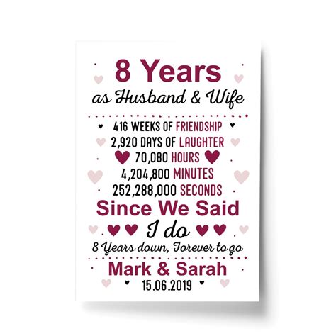 8th Anniversary Gift Personalised Print 8th Anniversary Card