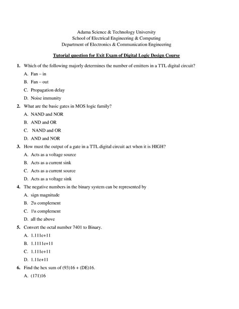 125 Tutotial Question for DLD Exit Exam - Adama Science & Technology ...