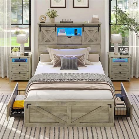 Farmhouse Twin XL Bed Frame with Storage Drawers, LED Lights, Charging