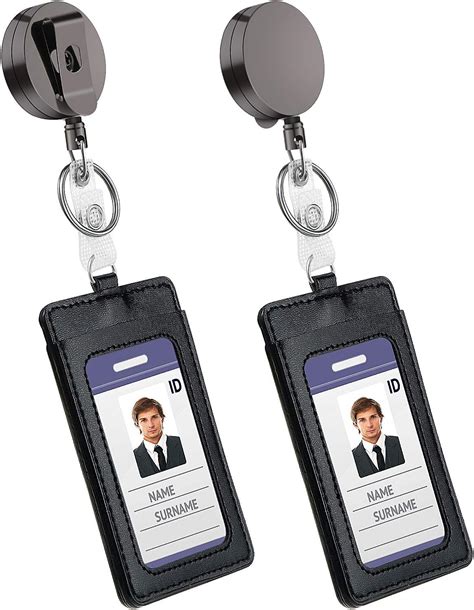 2 Packs Heavy Duty Metal Badge Holder Black Retractable Badge Reels with Belt Clip Key Ring and ...